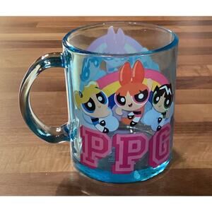 The Powerpuff Girls Clear Blue Glass Coffee Mug Holds 17.5 Ounces